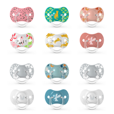 Chupete de silicona de 0 a 6 meses con tetina fisiológica ideal para respetar el desarrollo dental del bebé.